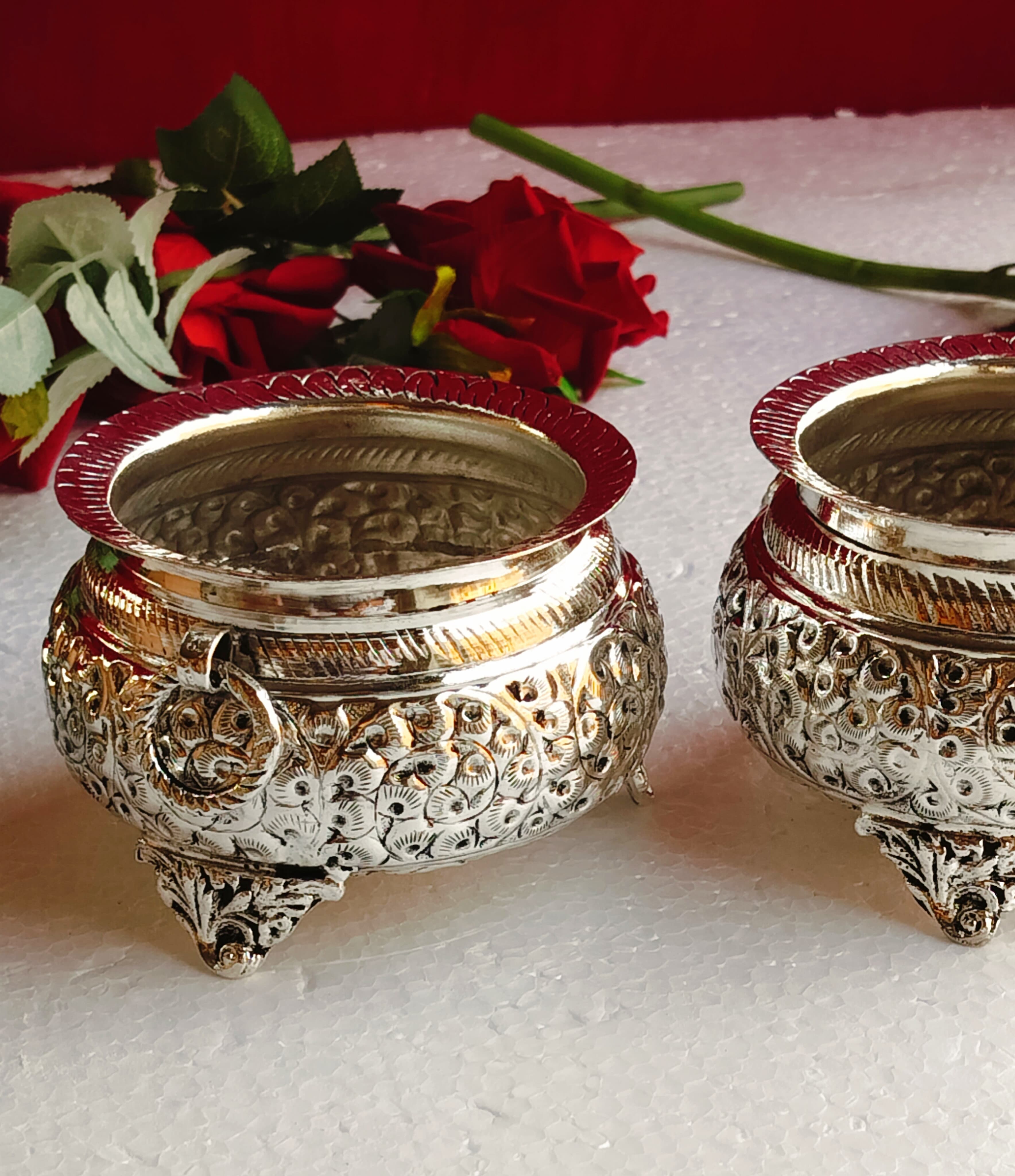 German silver set of 2 antique finish new mini urli bowl with both side kada/rings